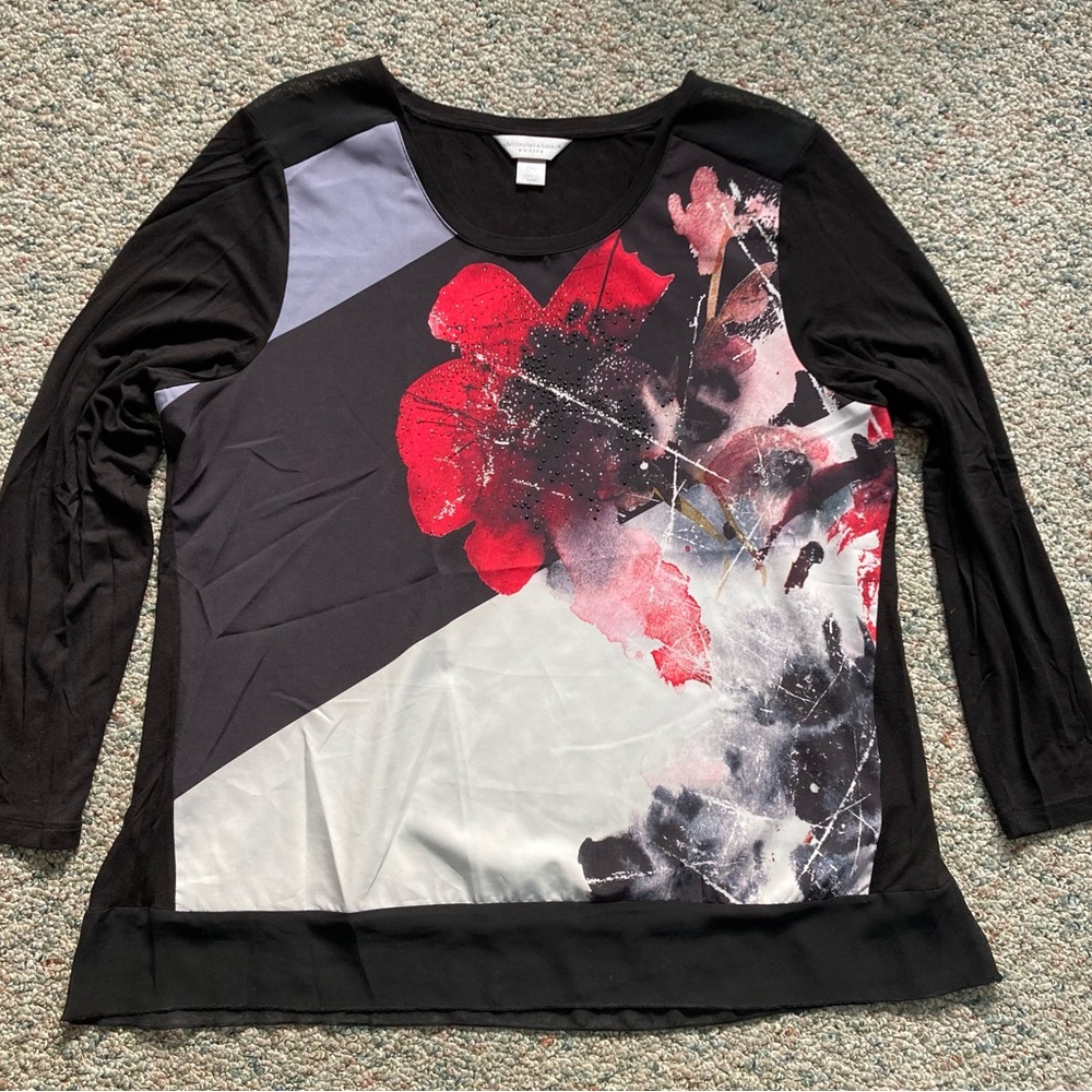 CHRISTOPHER & BANKS Petite Embellished Floral Long Sleeve Black Red Gray size XL